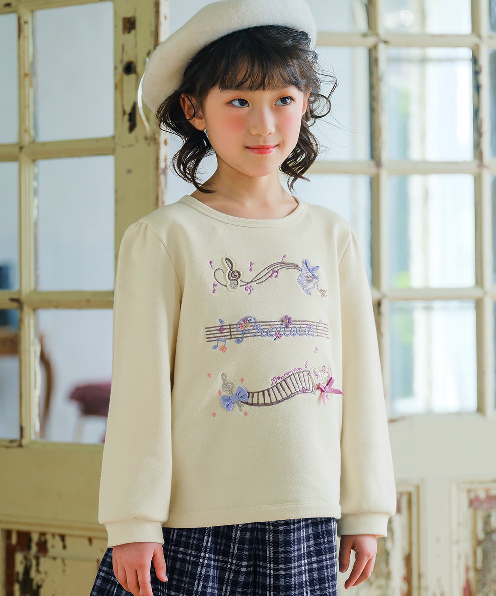 音符 刺繍 五線譜モチーフ リボン トレーナー Ivory model image up