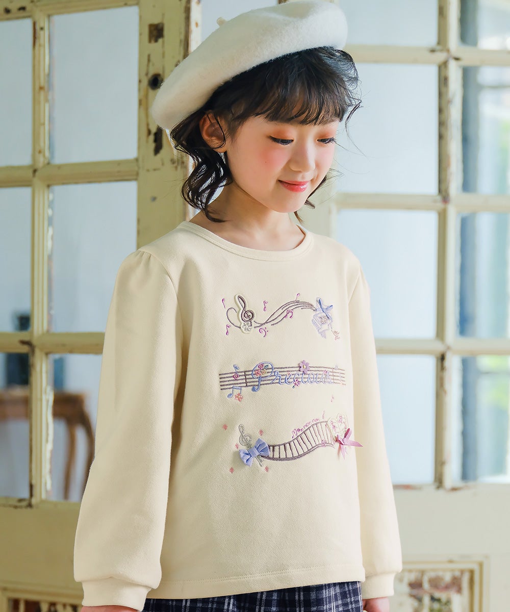 音符 刺繍 五線譜モチーフ リボン トレーナー Ivory model image 1