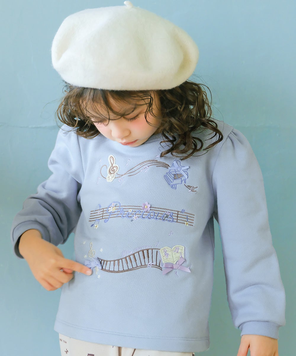 音符 刺繍 五線譜モチーフ リボン トレーナー Blue model image up