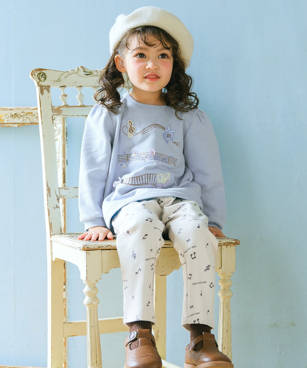 音符 刺繍 五線譜モチーフ リボン トレーナー Blue model image whole body