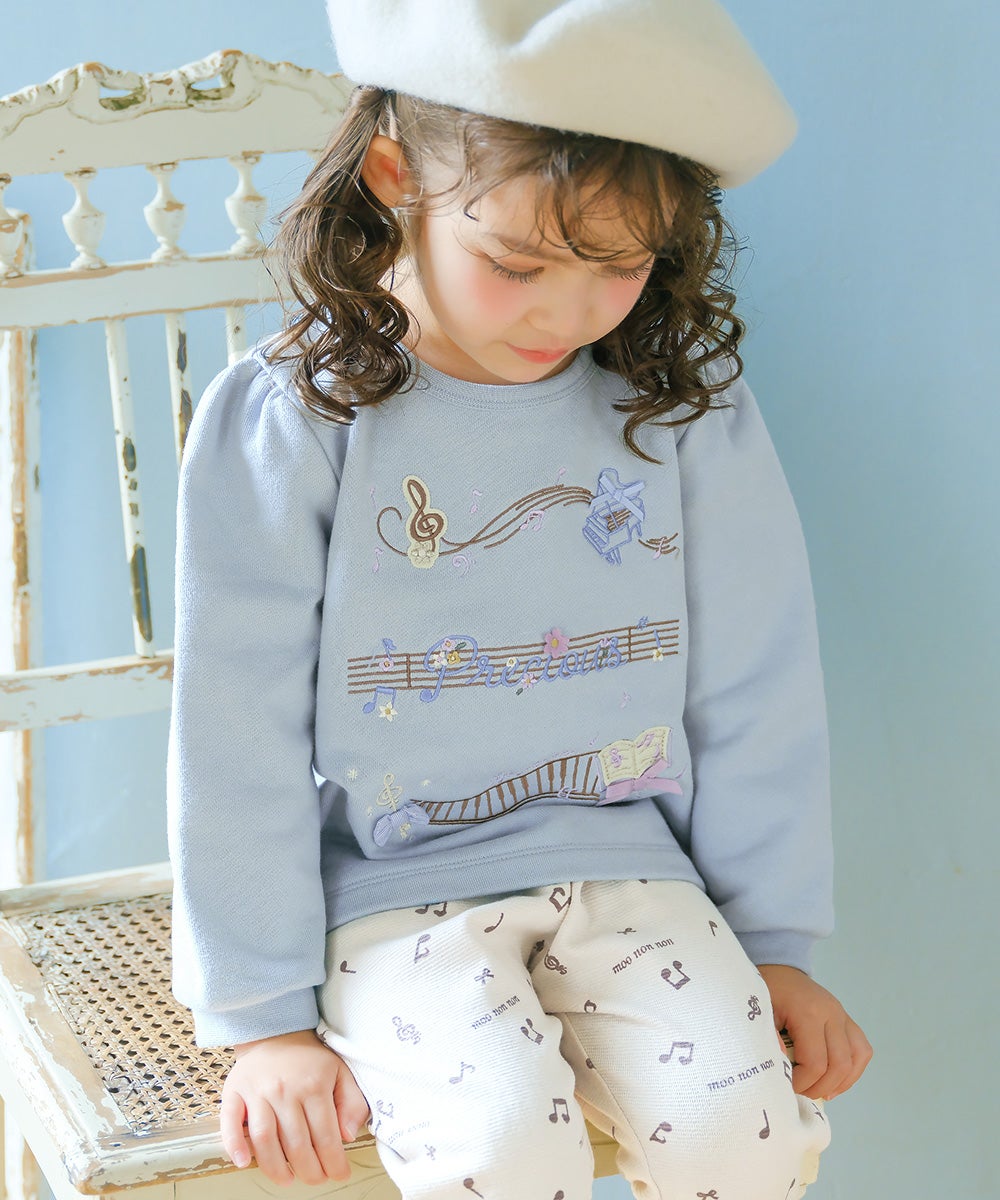 音符 刺繍 五線譜モチーフ リボン トレーナー Blue model image 1