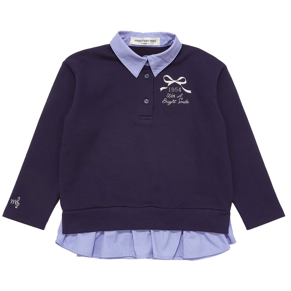 リボン ロゴ 刺繍 襟付き シャツ トレーナー 重ね着風 Tシャツ Navy front