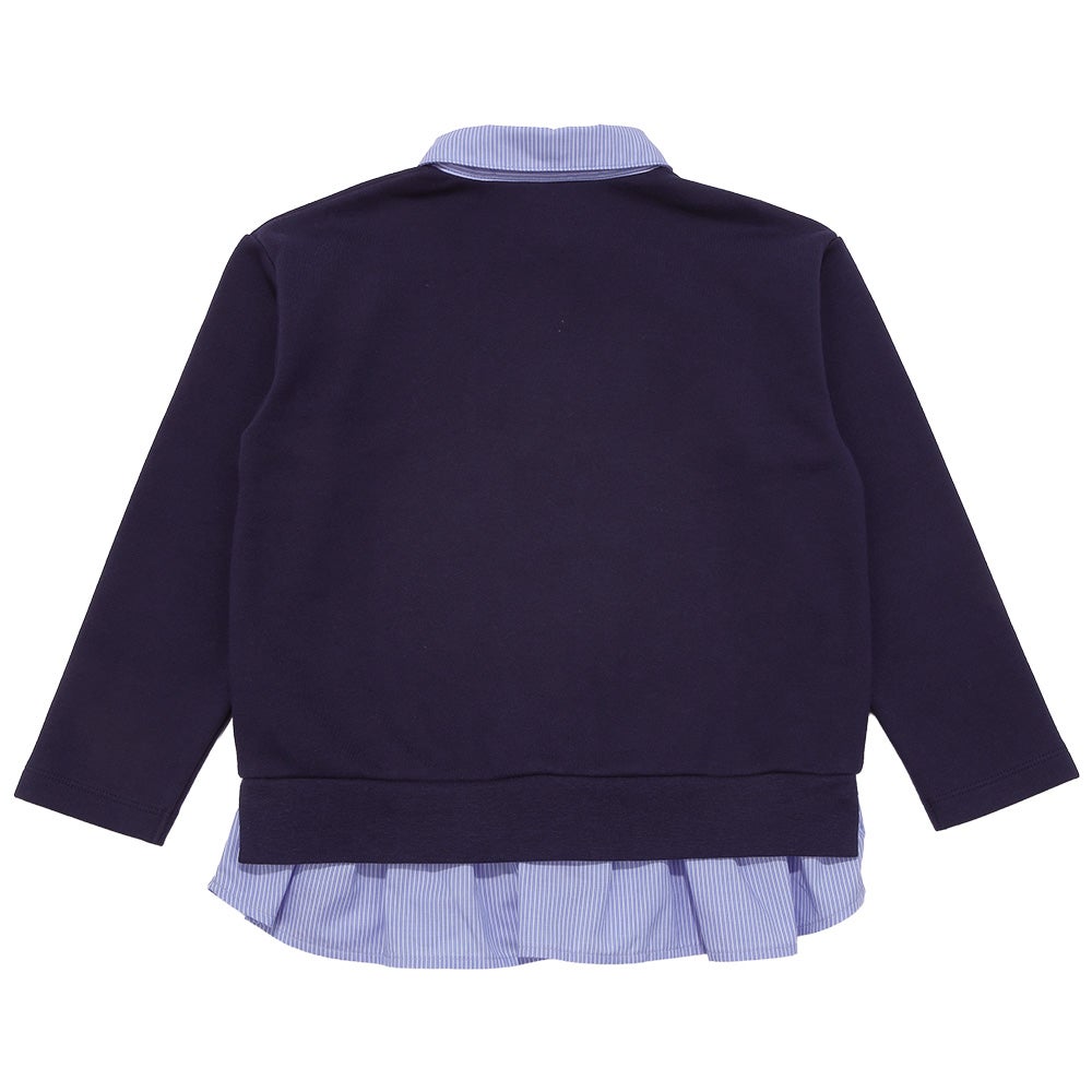 リボン ロゴ 刺繍 襟付き シャツ トレーナー 重ね着風 Tシャツ Navy back