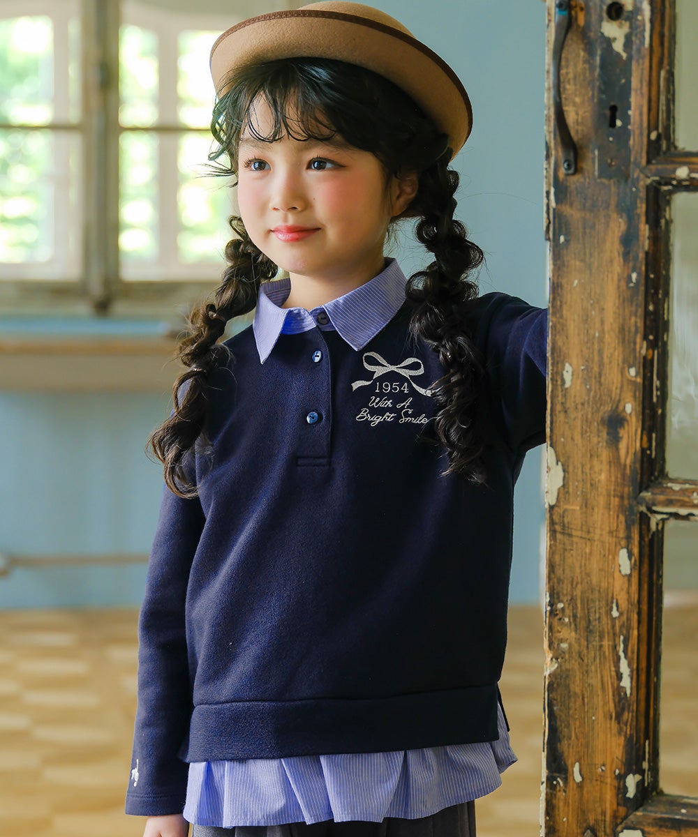 リボン ロゴ 刺繍 襟付き シャツ トレーナー 重ね着風 Tシャツ Navy model image up