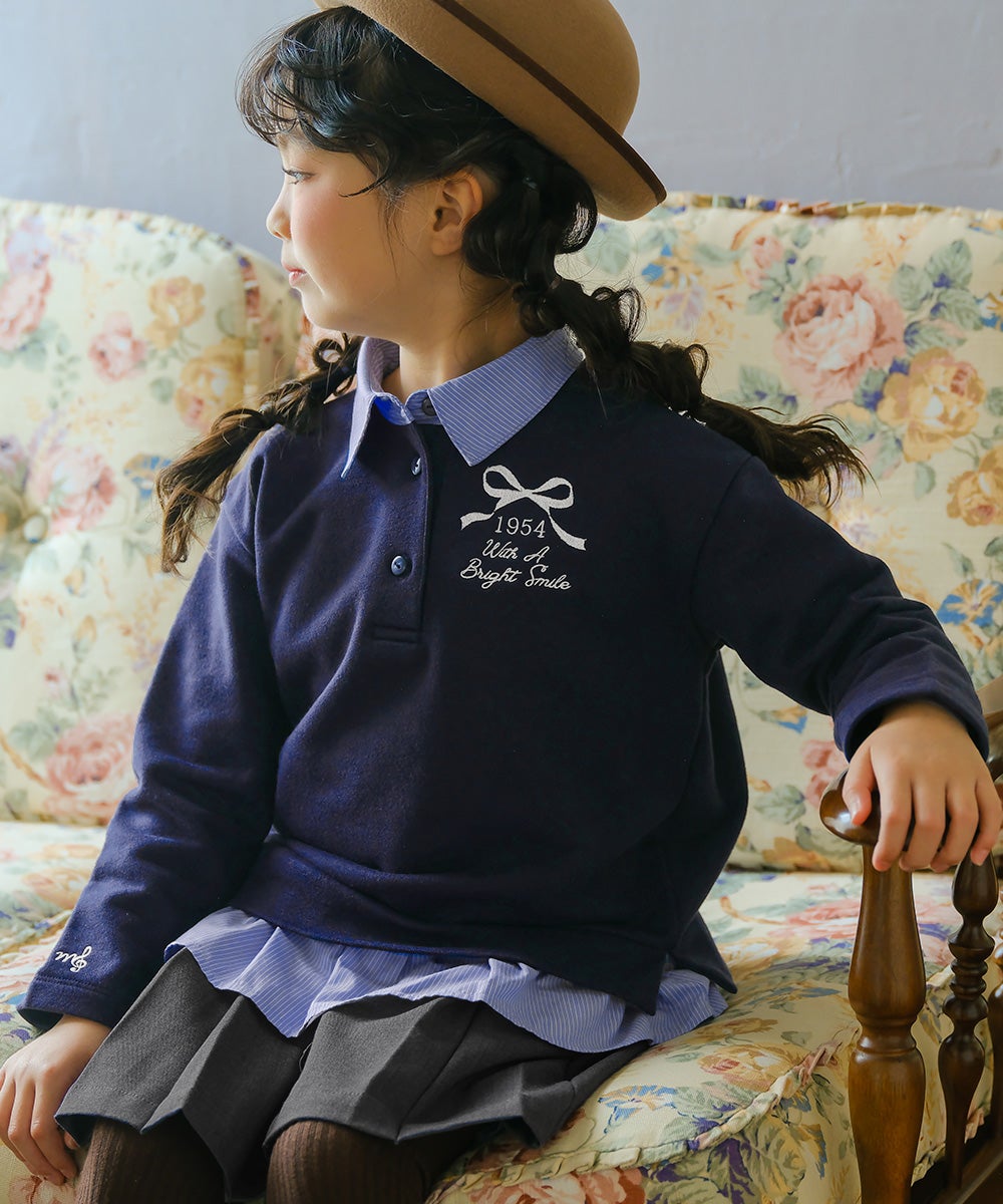 リボン ロゴ 刺繍 襟付き シャツ トレーナー 重ね着風 Tシャツ Navy model image 1
