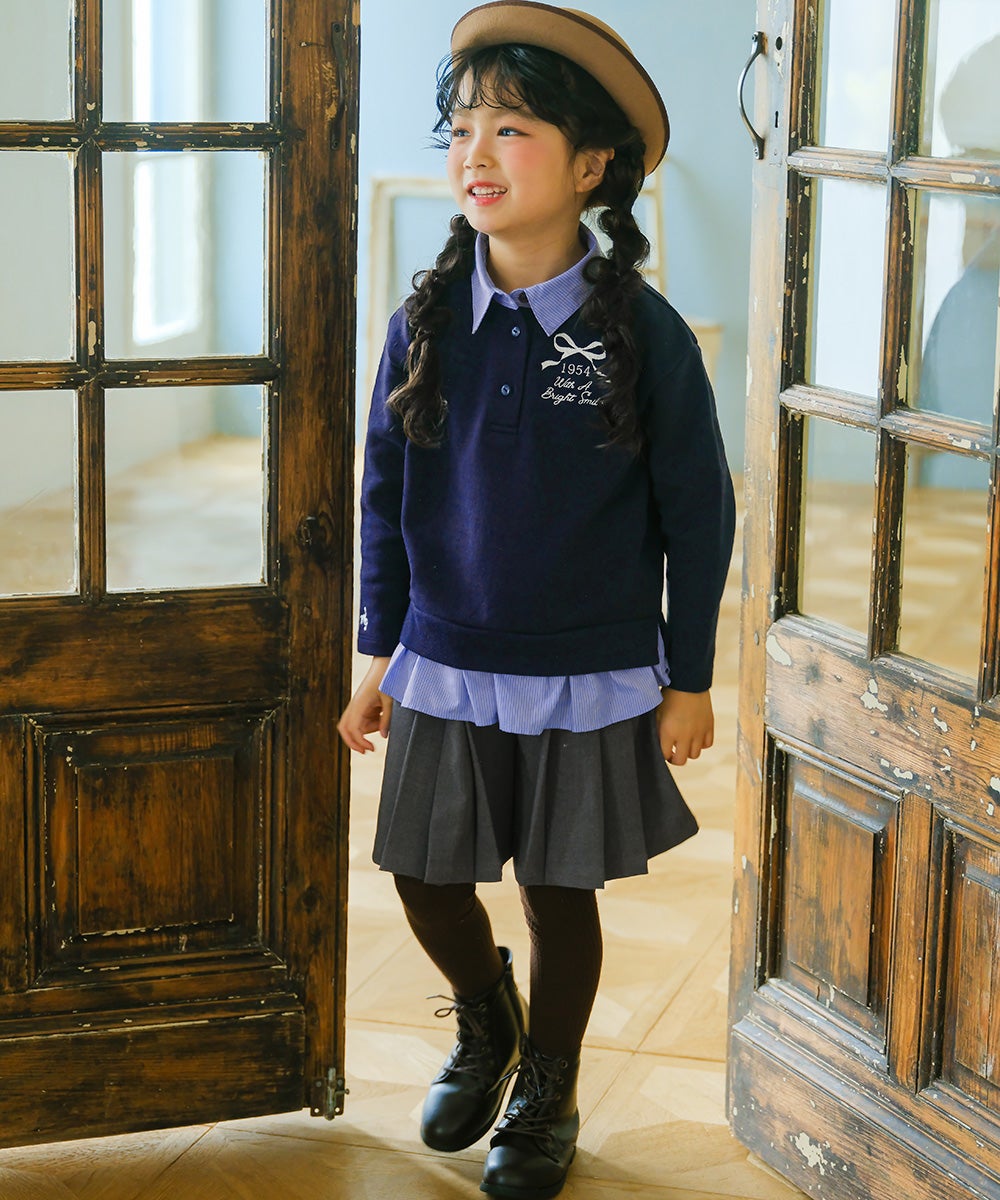 リボン ロゴ 刺繍 襟付き シャツ トレーナー 重ね着風 Tシャツ Navy model image 2