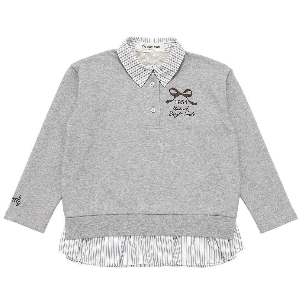 リボン ロゴ 刺繍 襟付き シャツ トレーナー 重ね着風 Tシャツ Misty Gray front