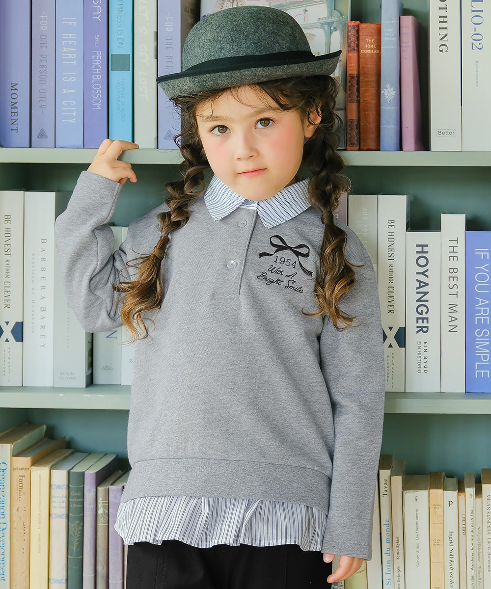 リボン ロゴ 刺繍 襟付き シャツ トレーナー 重ね着風 Tシャツ Misty Gray model image up