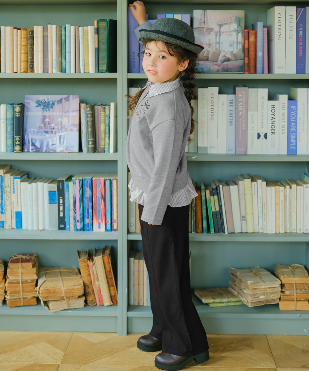 リボン ロゴ 刺繍 襟付き シャツ トレーナー 重ね着風 Tシャツ Misty Gray model image whole body