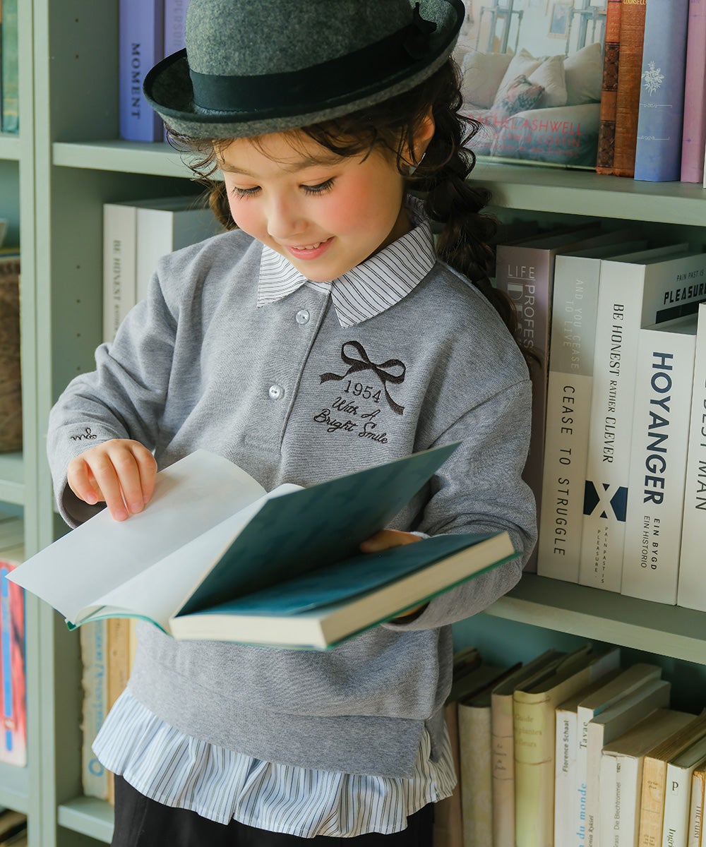 リボン ロゴ 刺繍 襟付き シャツ トレーナー 重ね着風 Tシャツ Misty Gray model image 1