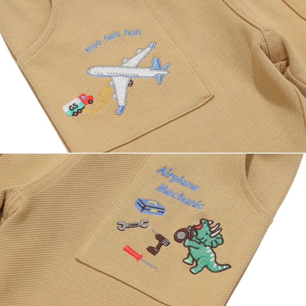 飛行機 乗り物 恐竜 刺繍 ポケットつき ストレッチ ベイカーパンツ Beige Design point 1
