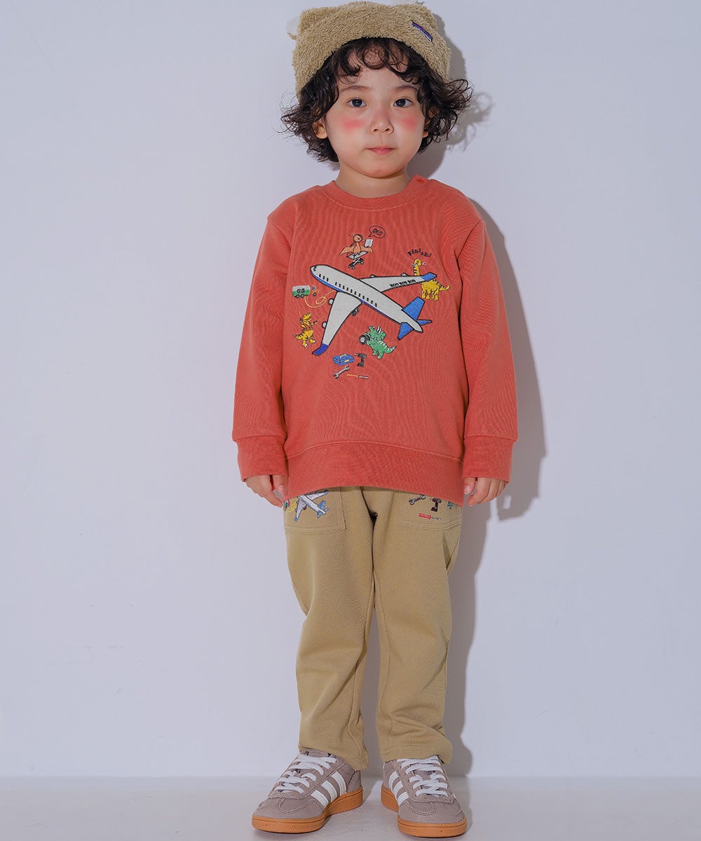 飛行機 乗り物 恐竜 刺繍 ポケットつき ストレッチ ベイカーパンツ Beige model image up
