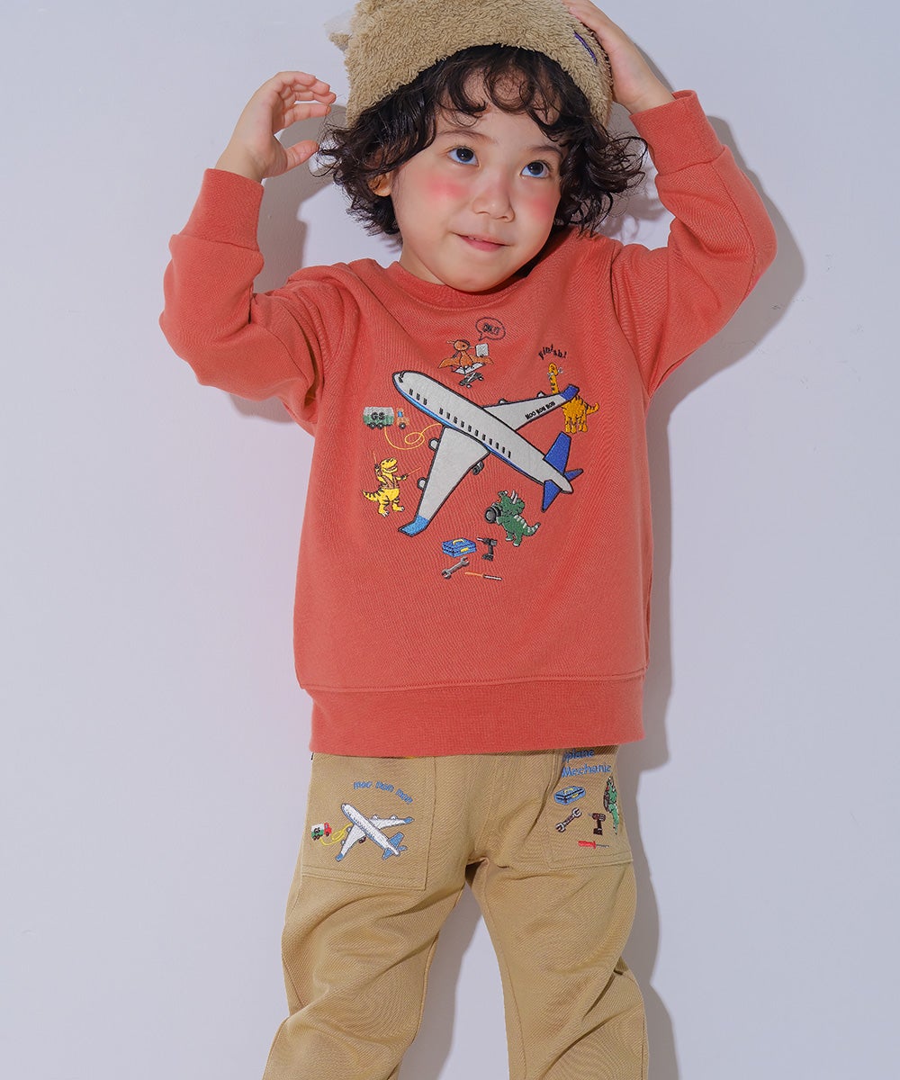 飛行機 乗り物 恐竜 刺繍 ポケットつき ストレッチ ベイカーパンツ Beige model image 1