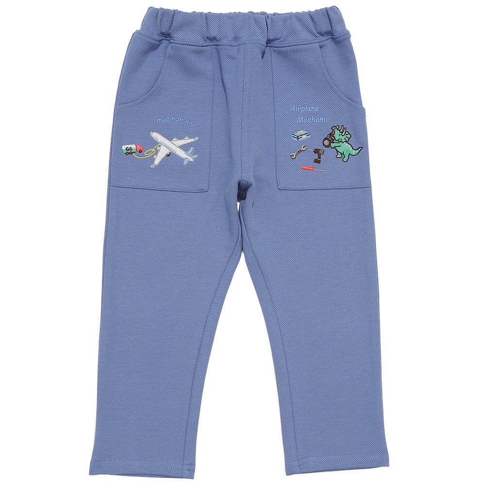 飛行機 乗り物 恐竜 刺繍 ポケットつき ストレッチ ベイカーパンツ Blue front
