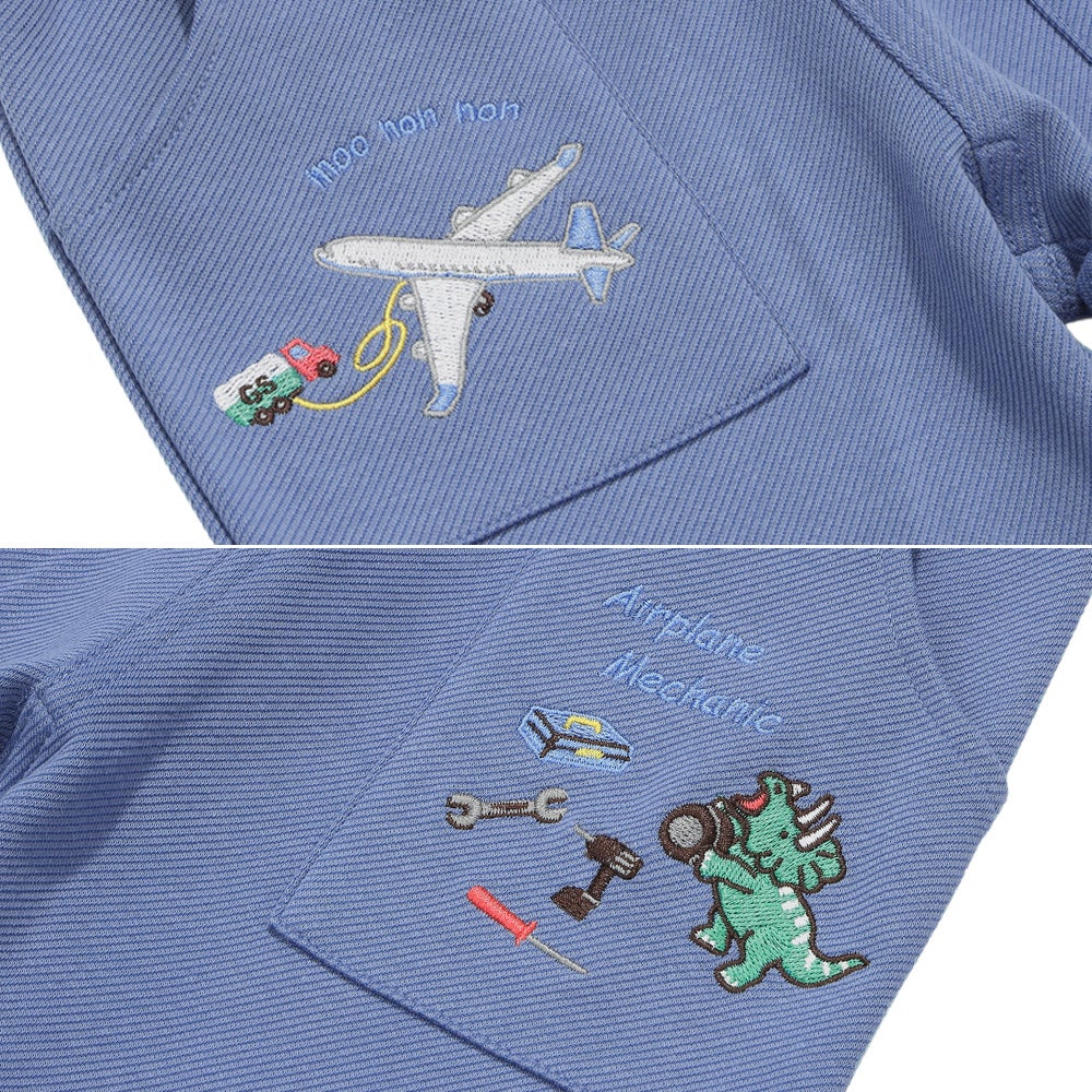 飛行機 乗り物 恐竜 刺繍 ポケットつき ストレッチ ベイカーパンツ Blue Design point 1