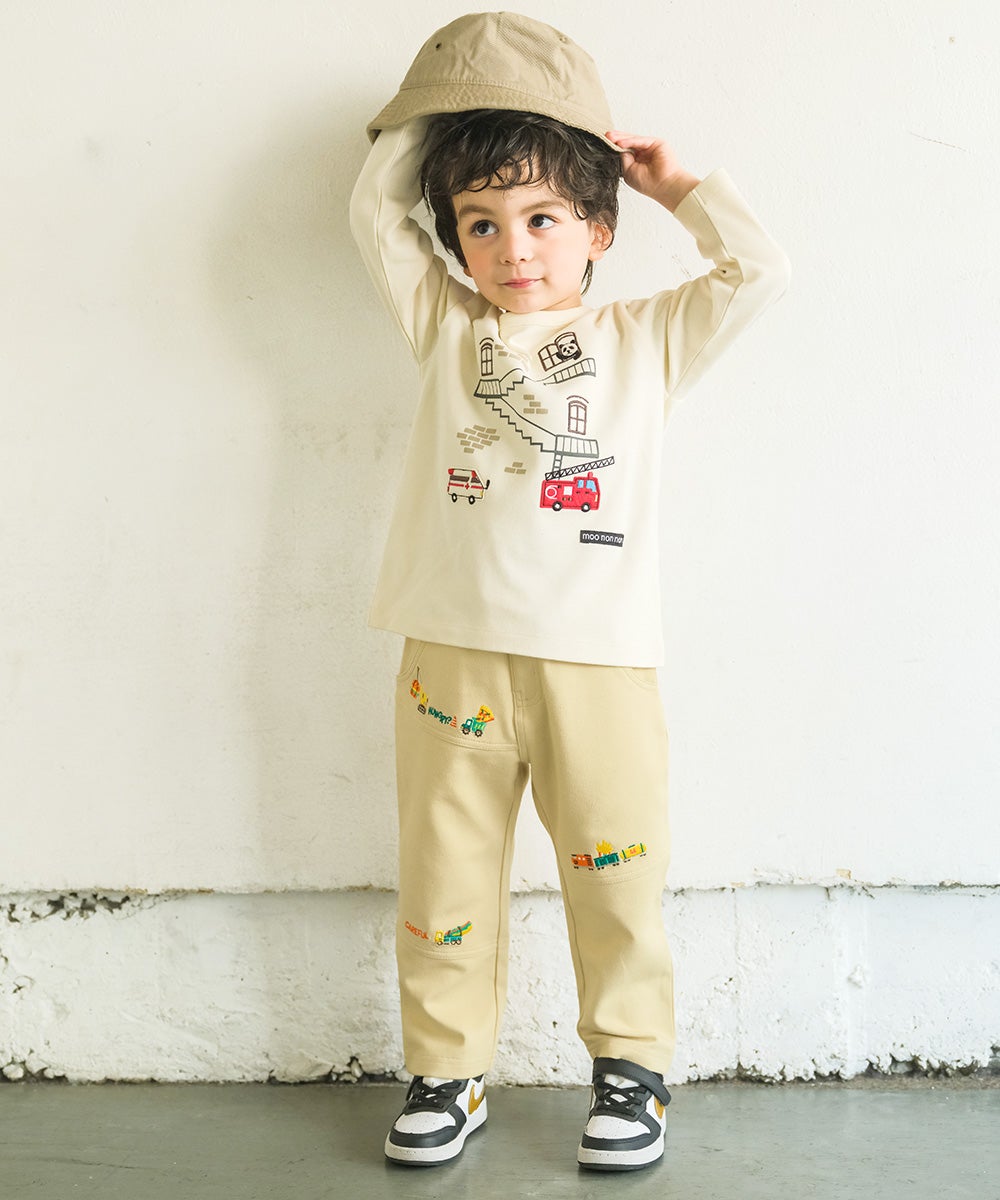 ハンバーガー はたらく車 乗り物刺繍 ストレッチパンツ Beige model image up