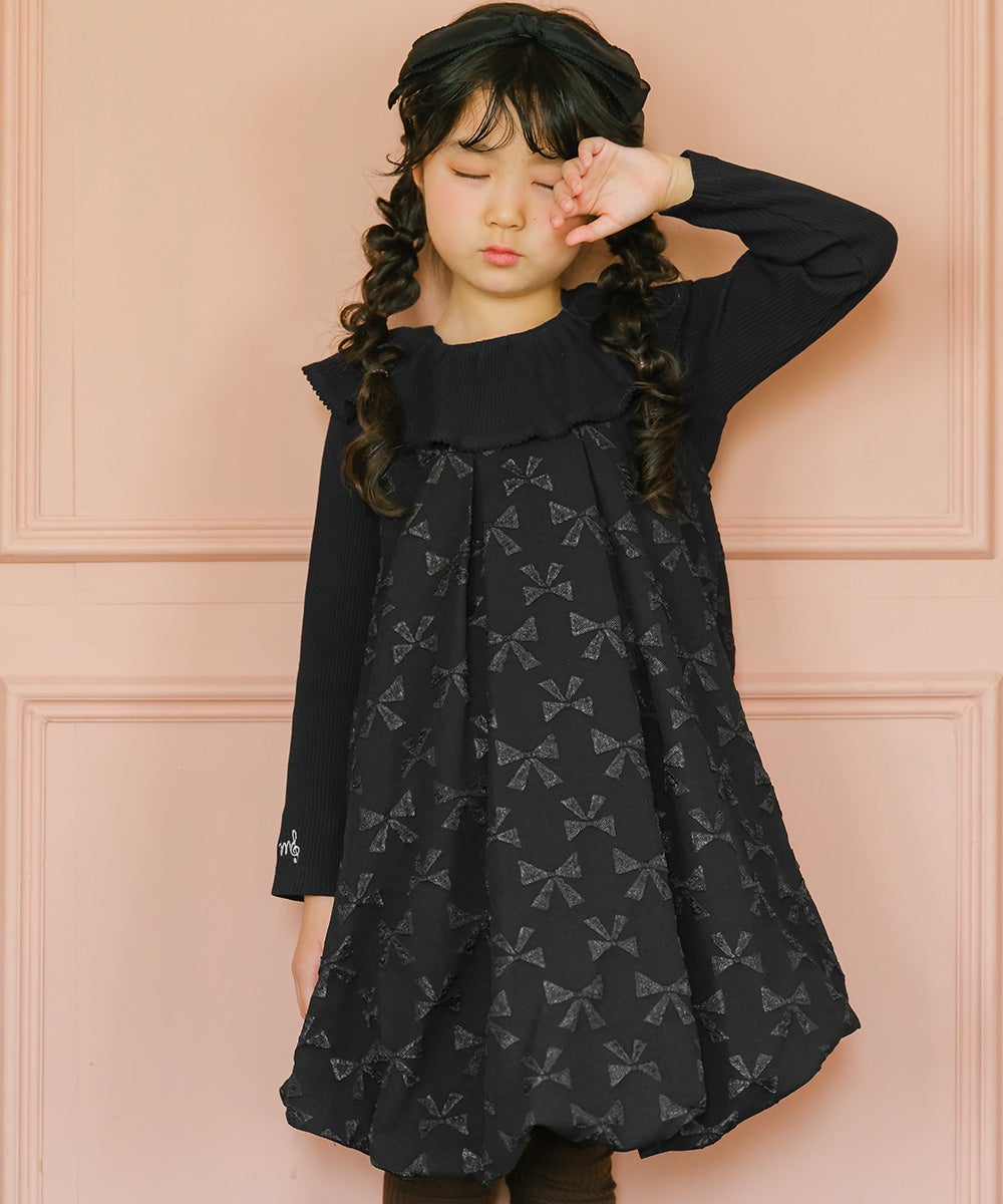 リボン柄 タック バルーンワンピース Black model image up