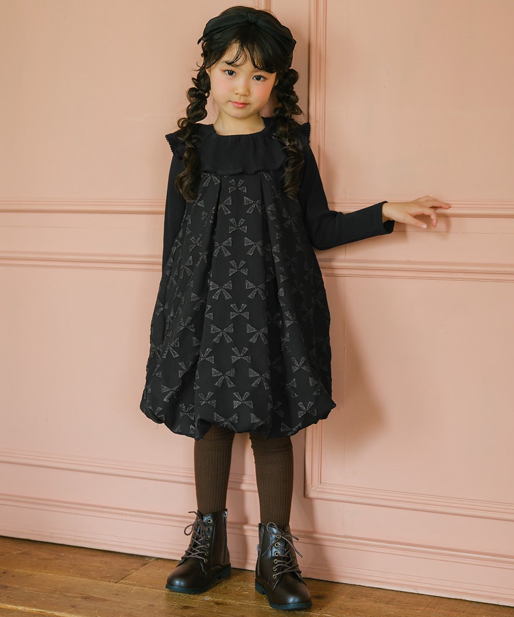 リボン柄 タック バルーンワンピース Black model image whole body