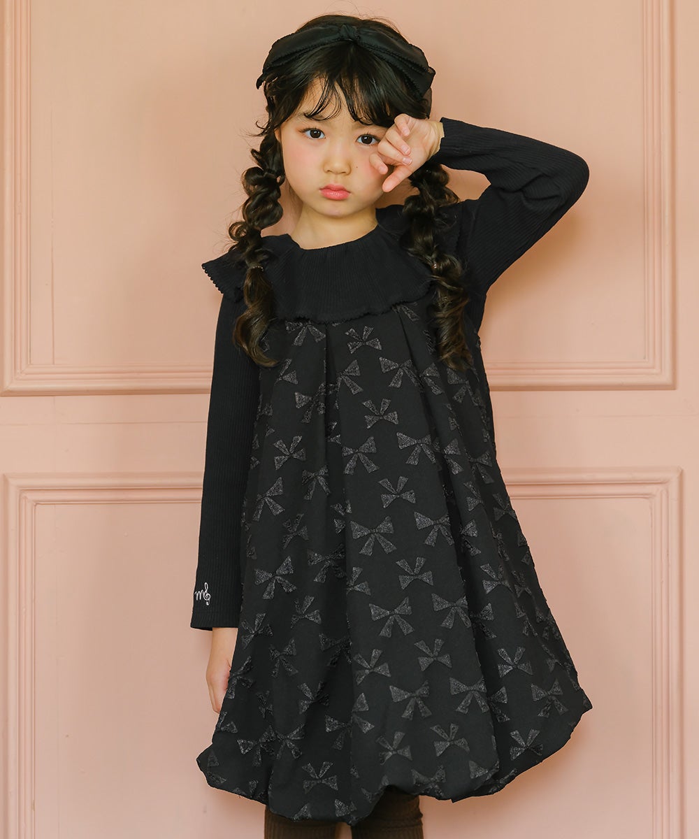 リボン柄 タック バルーンワンピース Black model image 1