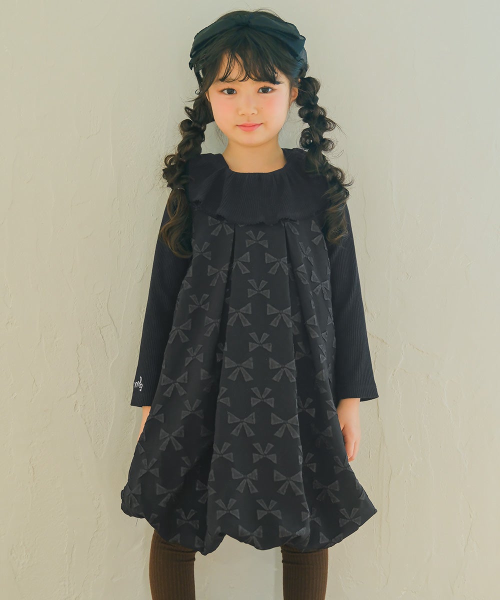 リボン柄 タック バルーンワンピース Black model image 2