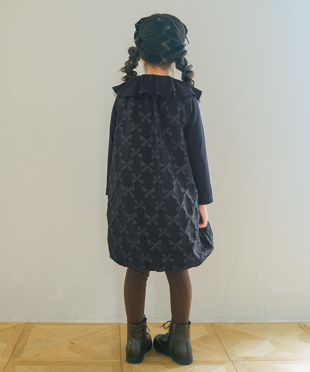 リボン柄 タック バルーンワンピース Black model image 3