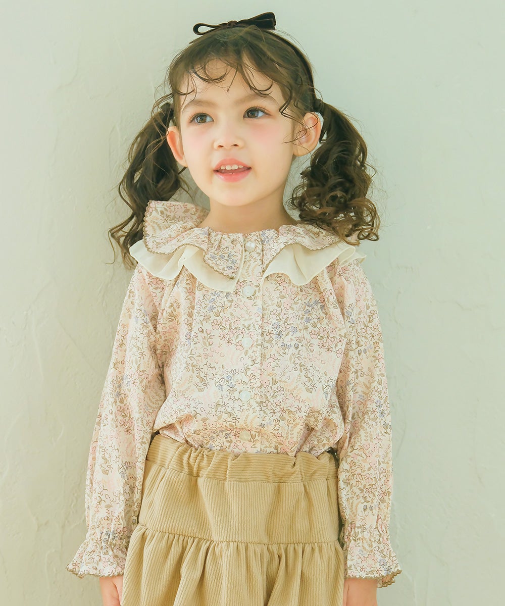 小花柄 シフォンフリル襟付き ブラウス Ivory model image up
