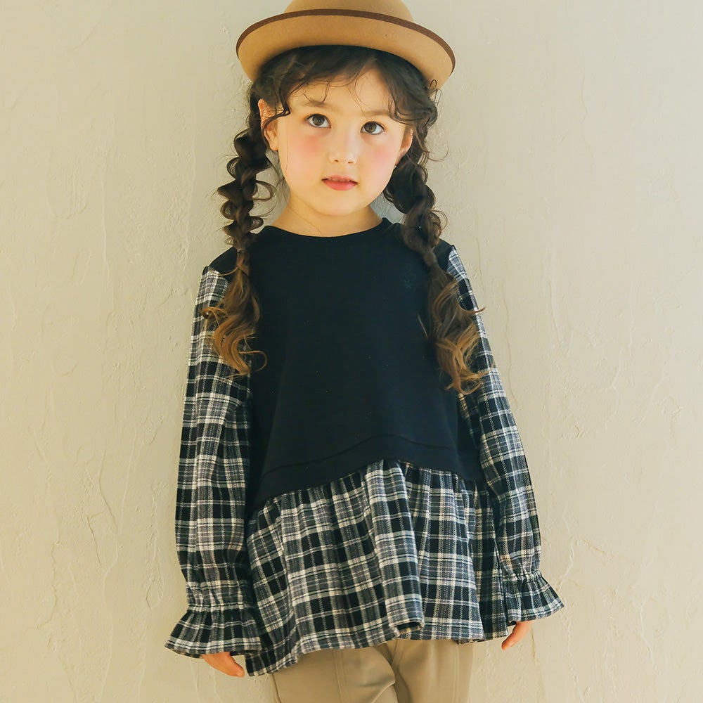子ども服 こども キッズ ジュニア チェック柄 重ね着風 Aライン 長そでトレーナー  MainImage