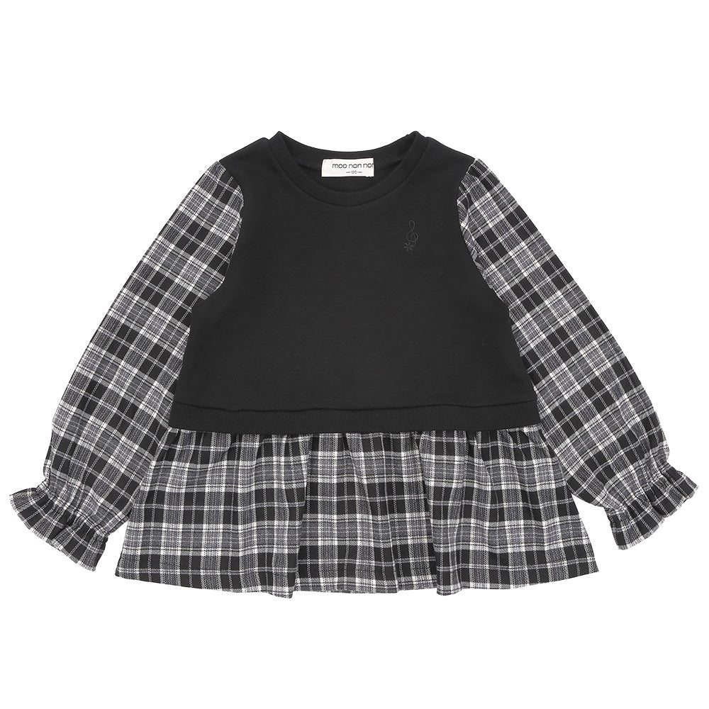 子ども服 こども キッズ ジュニア チェック柄 重ね着風 Aライン 長そでトレーナー Black front