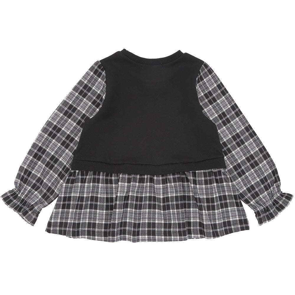 子ども服 こども キッズ ジュニア チェック柄 重ね着風 Aライン 長そでトレーナー Black back