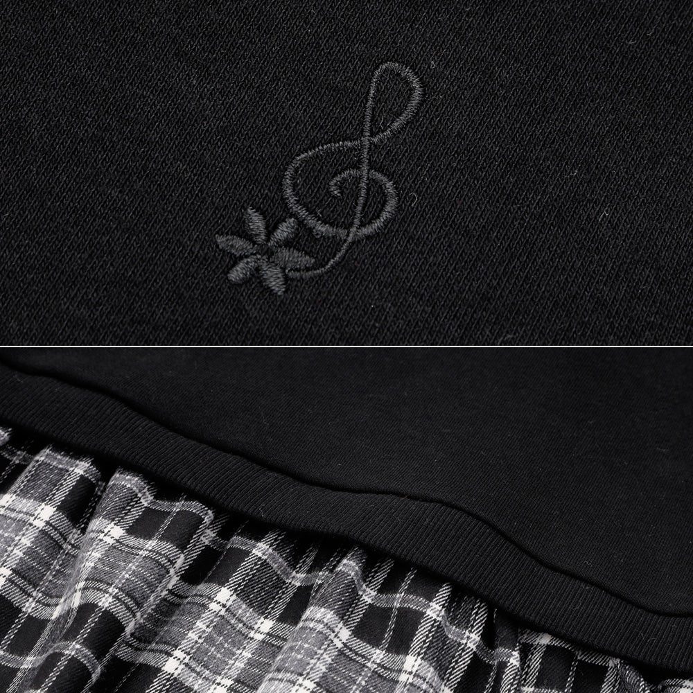 子ども服 こども キッズ ジュニア チェック柄 重ね着風 Aライン 長そでトレーナー Black Design point 1