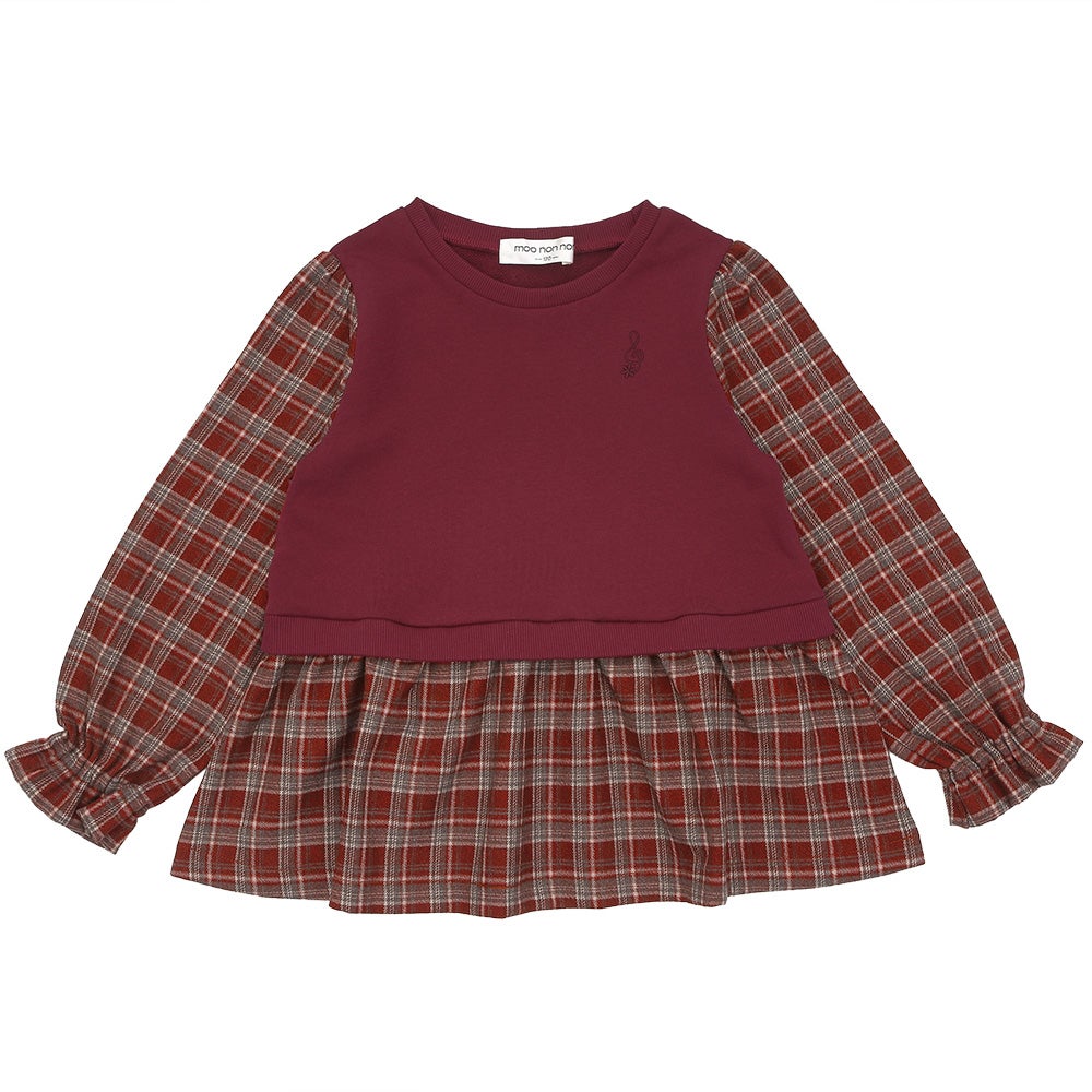 子ども服 こども キッズ ジュニア チェック柄 重ね着風 Aライン 長そでトレーナー Deep Red front
