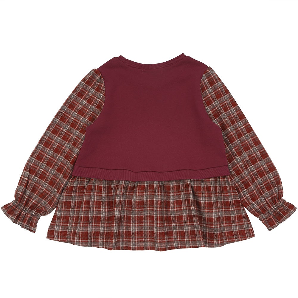 子ども服 こども キッズ ジュニア チェック柄 重ね着風 Aライン 長そでトレーナー Deep Red back