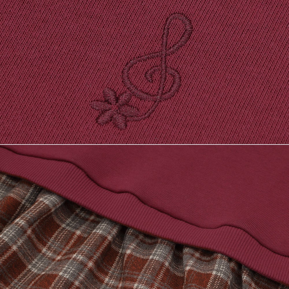 子ども服 こども キッズ ジュニア チェック柄 重ね着風 Aライン 長そでトレーナー Deep Red Design point 1