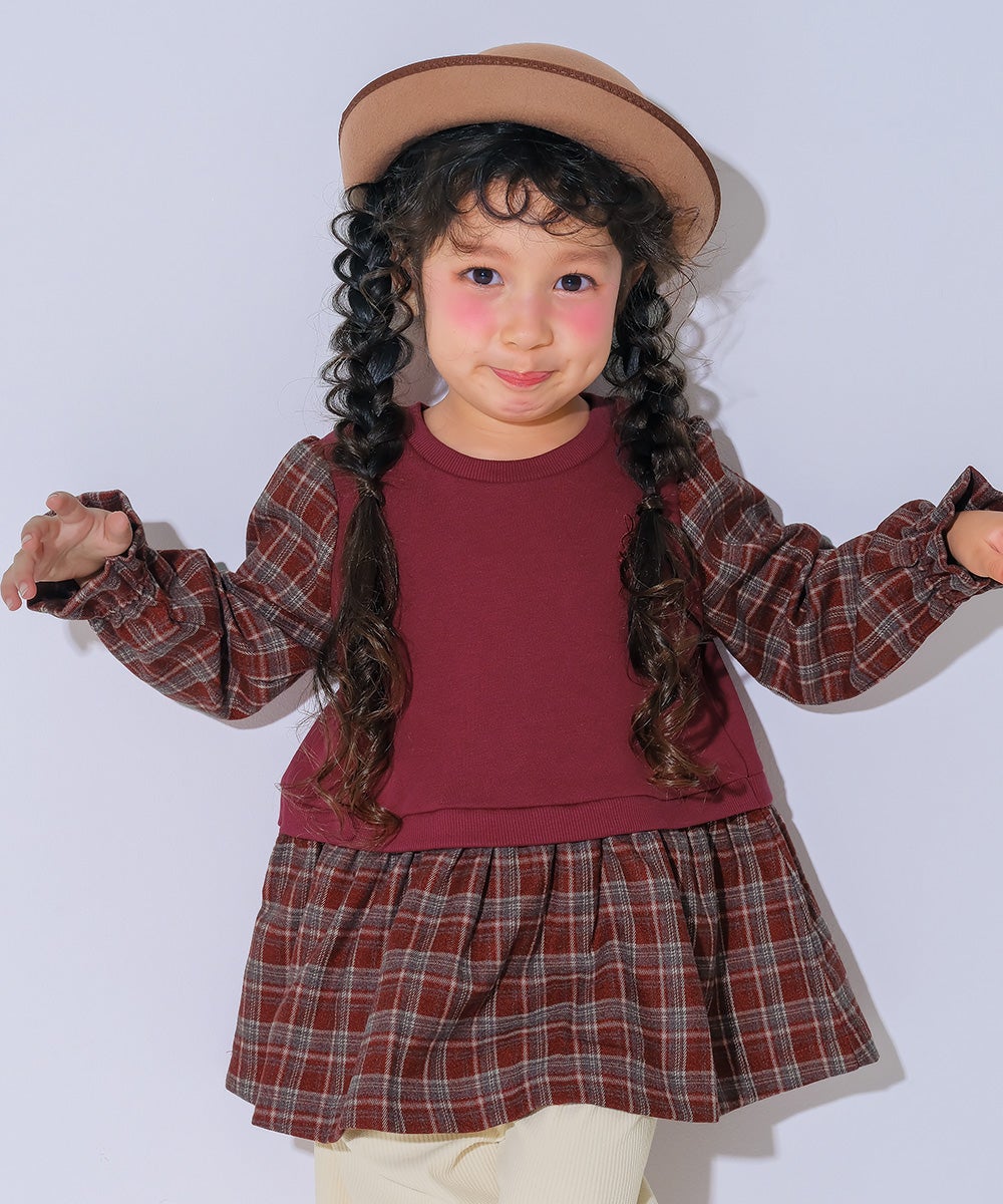 子ども服 こども キッズ ジュニア チェック柄 重ね着風 Aライン 長そでトレーナー Deep Red model image up