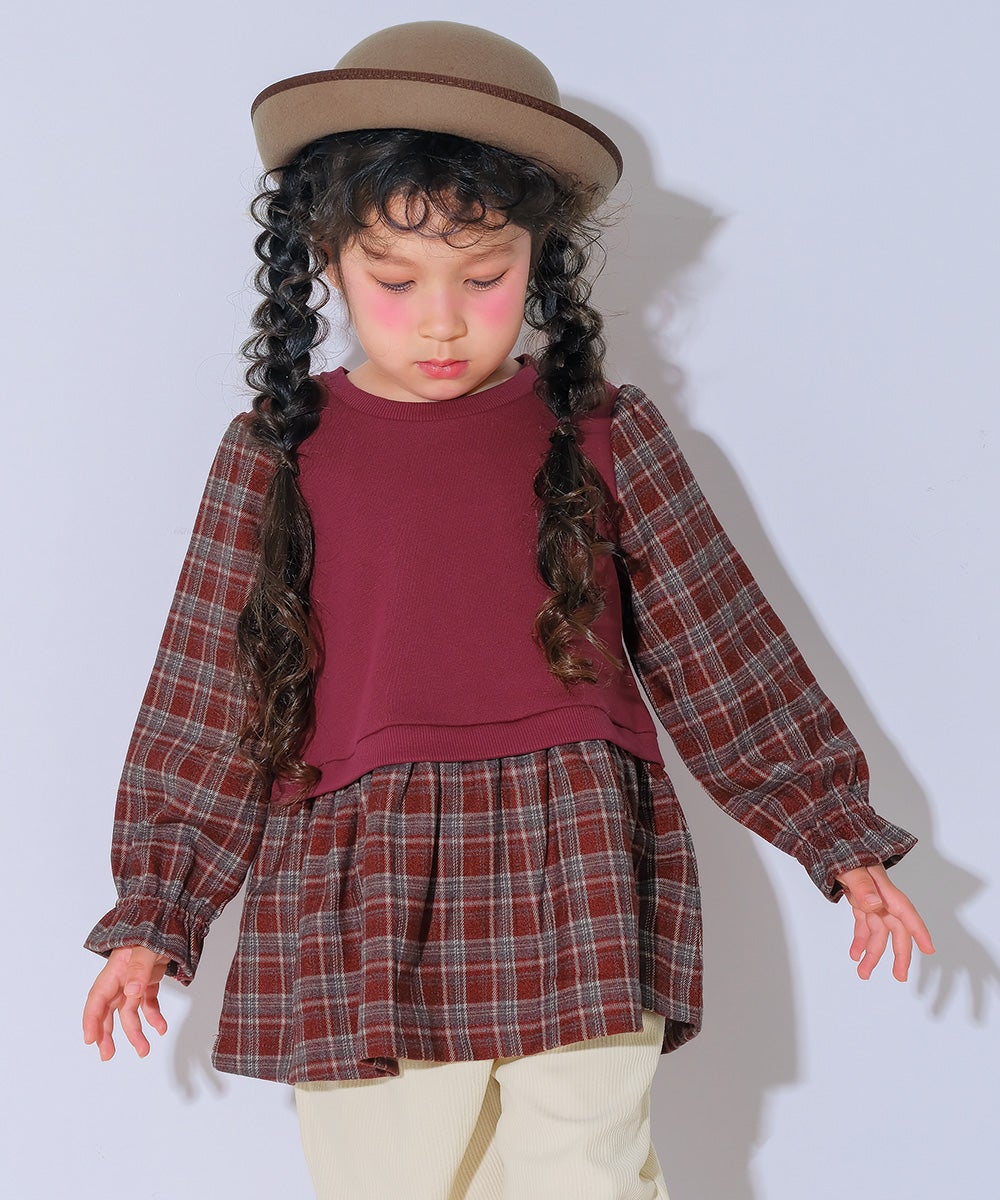 子ども服 こども キッズ ジュニア チェック柄 重ね着風 Aライン 長そでトレーナー Deep Red model image 1