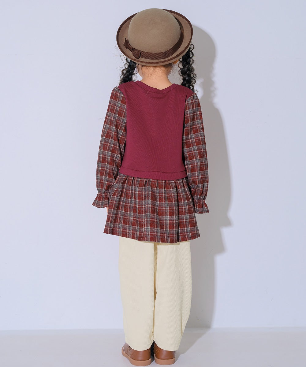 子ども服 こども キッズ ジュニア チェック柄 重ね着風 Aライン 長そでトレーナー Deep Red model image 2