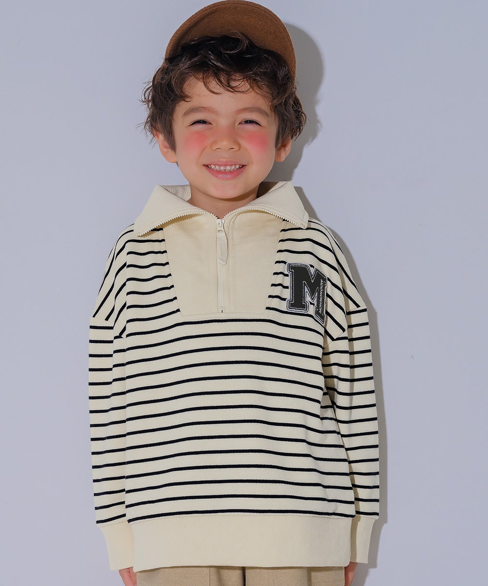 男女兼用 ボーダー柄 襟付き 裏毛 ハーフジップ トレーナー White/Black model image 1