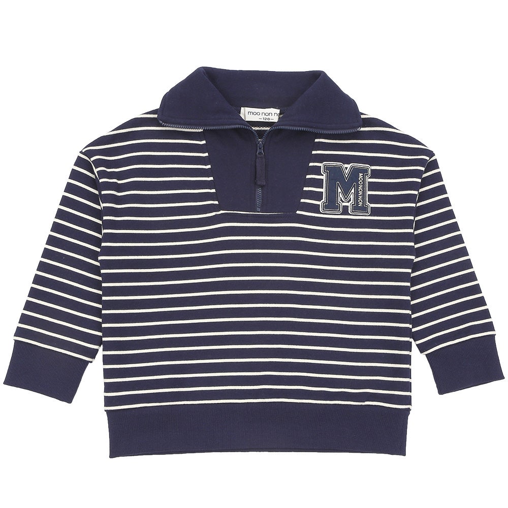 男女兼用 ボーダー柄 襟付き 裏毛 ハーフジップ トレーナー Navy front