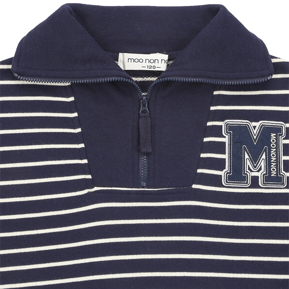 男女兼用 ボーダー柄 襟付き 裏毛 ハーフジップ トレーナー Navy Design point 1