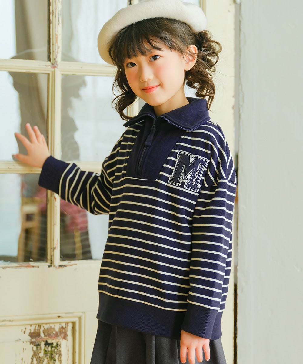 男女兼用 ボーダー柄 襟付き 裏毛 ハーフジップ トレーナー Navy model image up