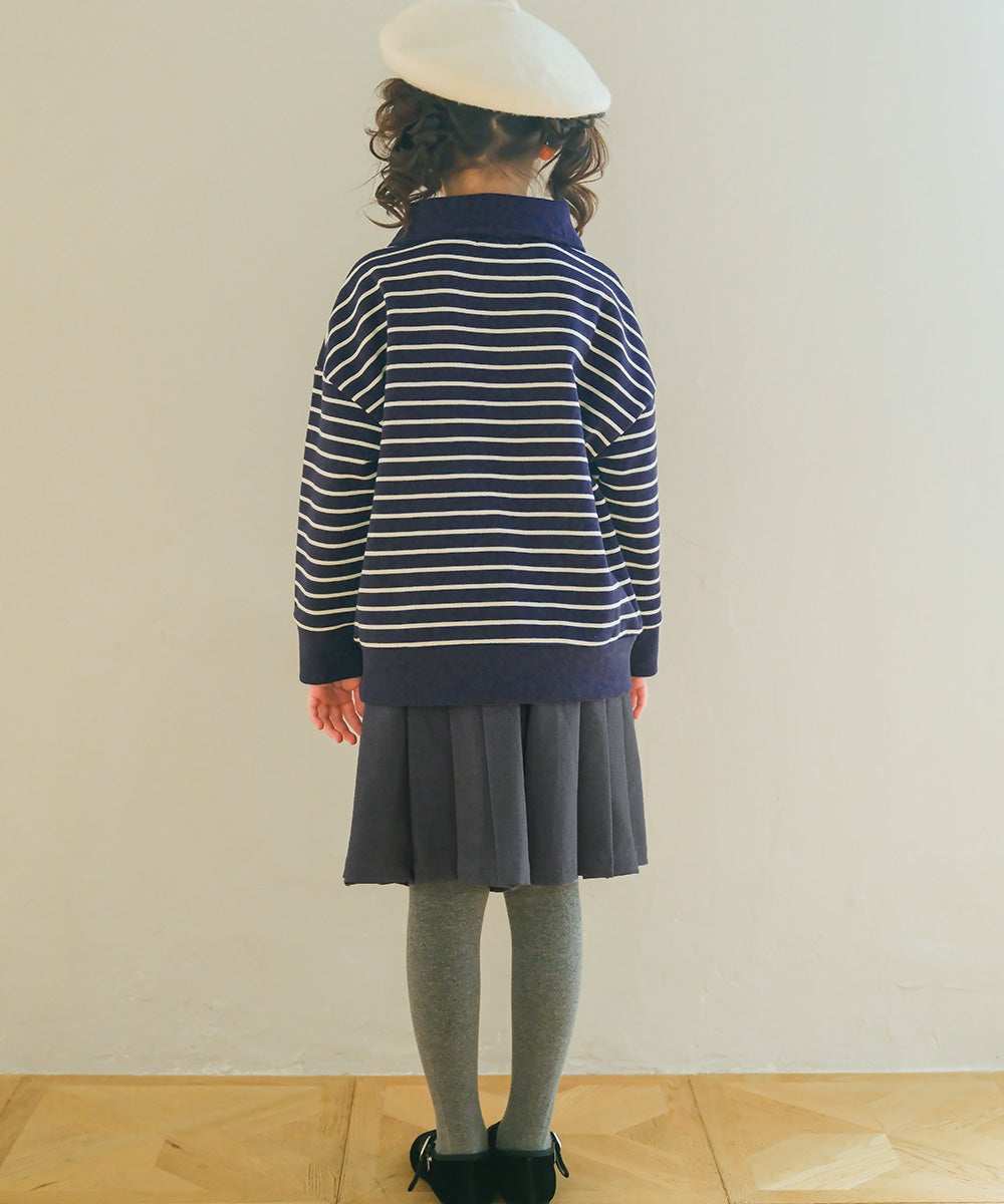 男女兼用 ボーダー柄 襟付き 裏毛 ハーフジップ トレーナー Navy model image whole body