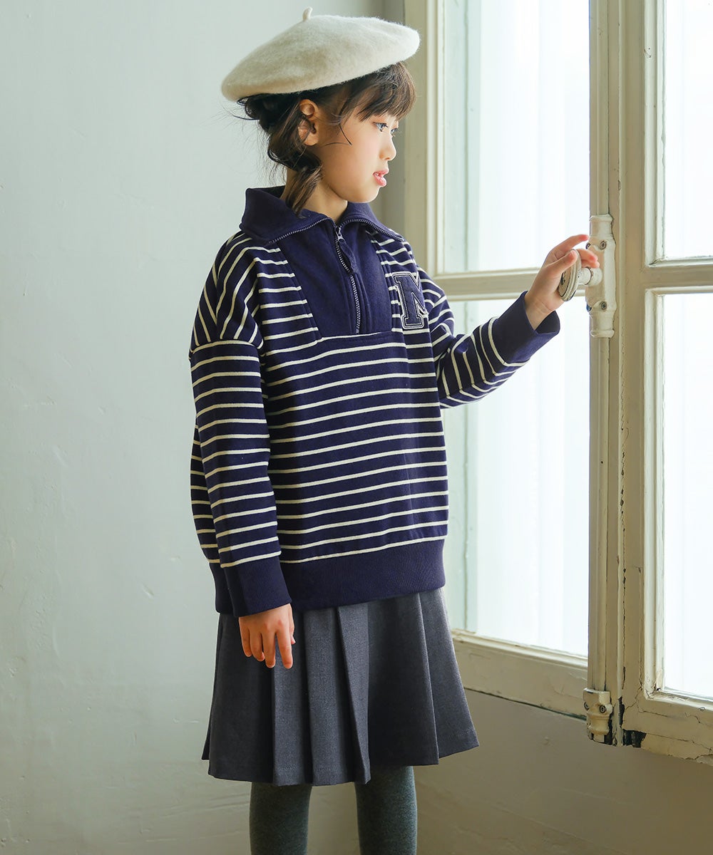 男女兼用 ボーダー柄 襟付き 裏毛 ハーフジップ トレーナー Navy model image 1