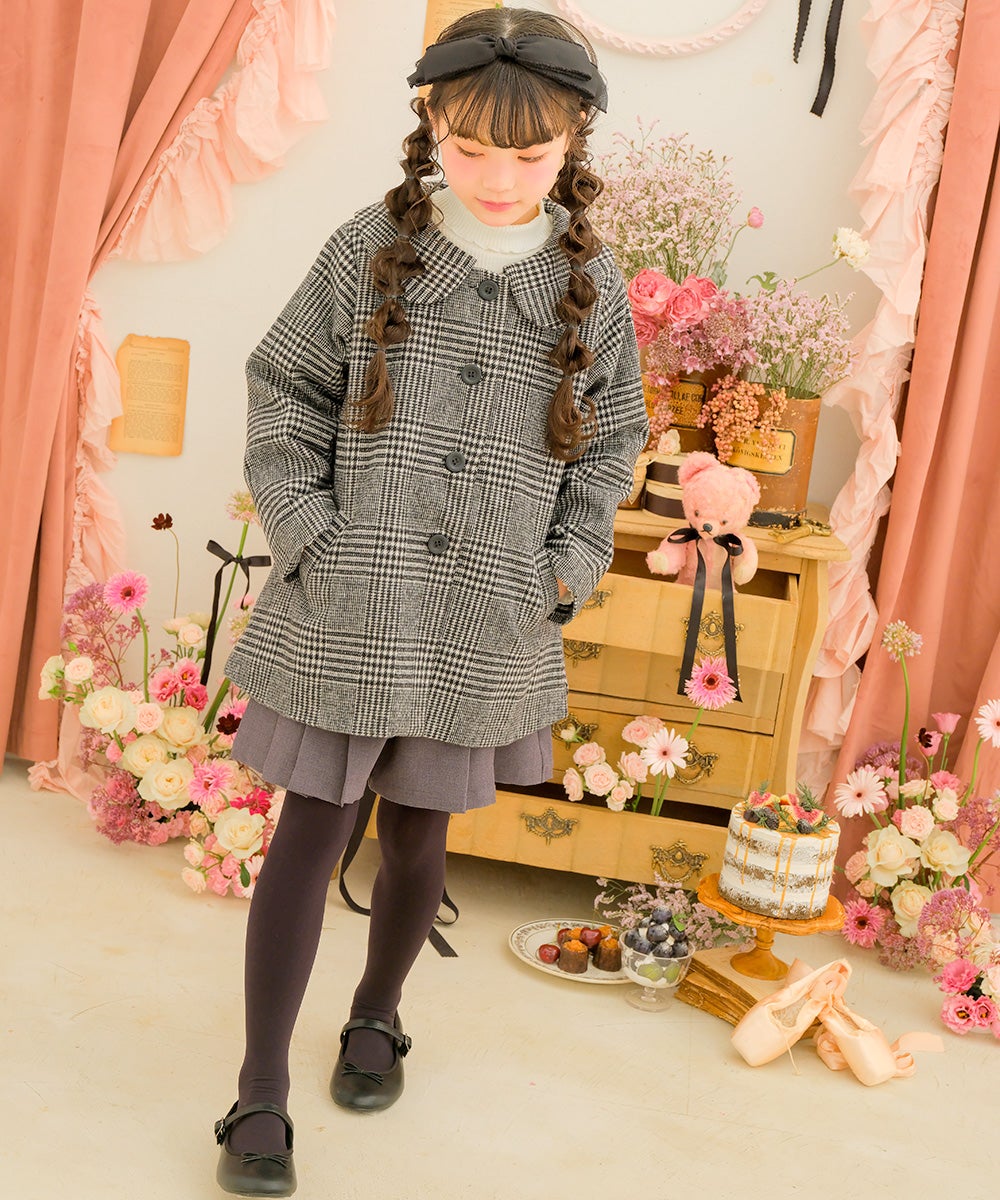 チェック柄 襟付き 厚手 微起毛コート White/Black model image whole body