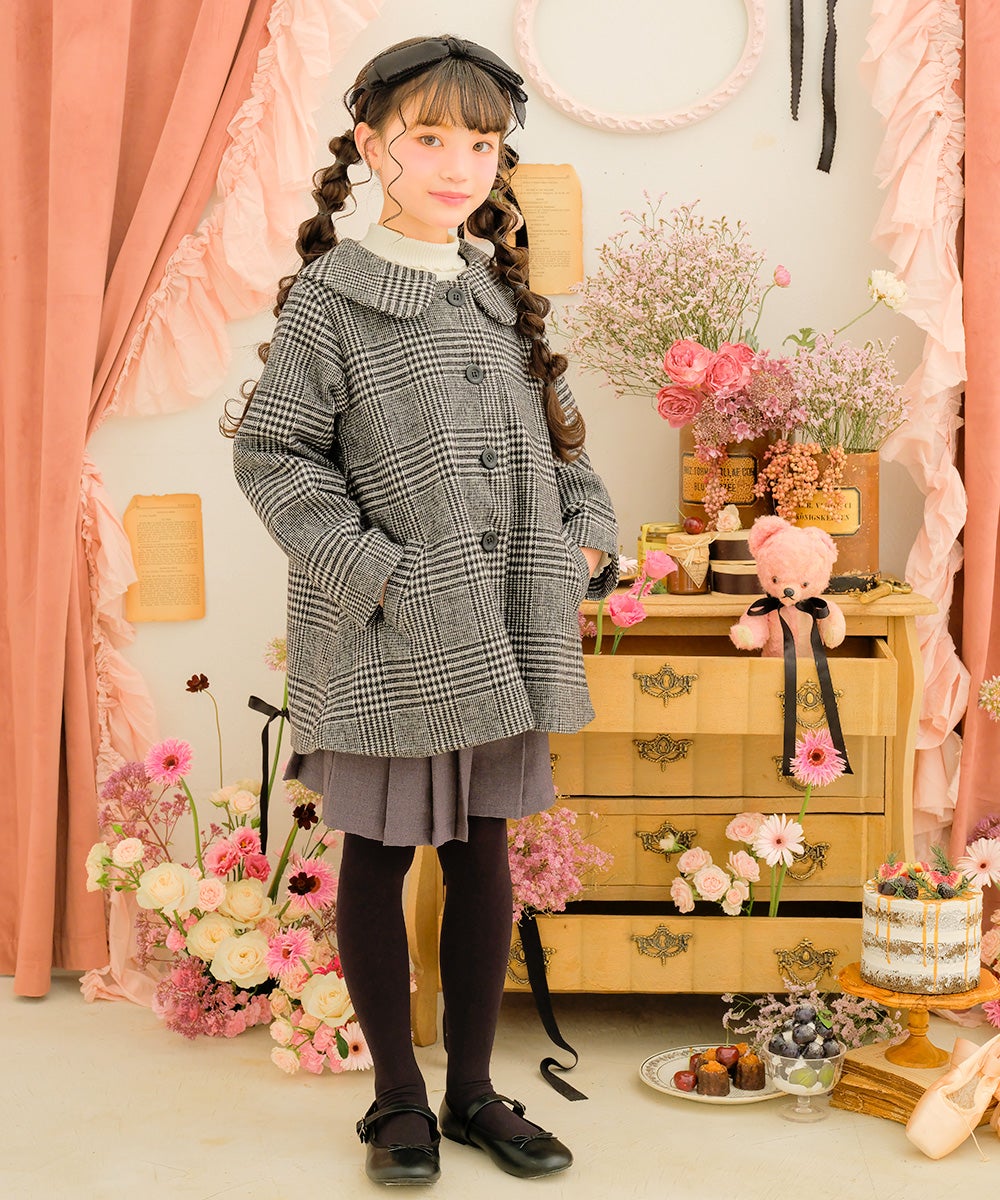 チェック柄 襟付き 厚手 微起毛コート White/Black model image 2