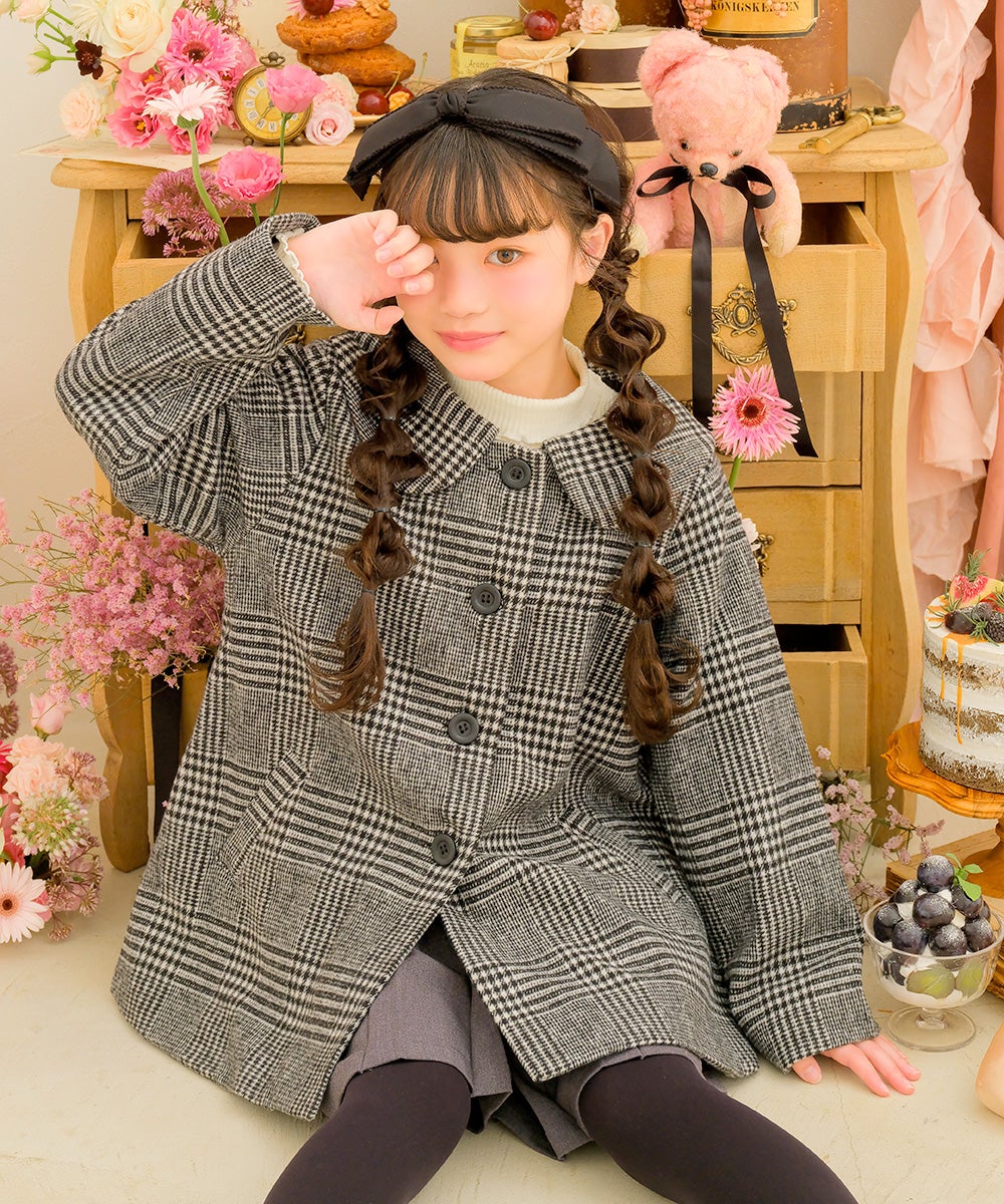 チェック柄 襟付き 厚手 微起毛コート White/Black model image 3