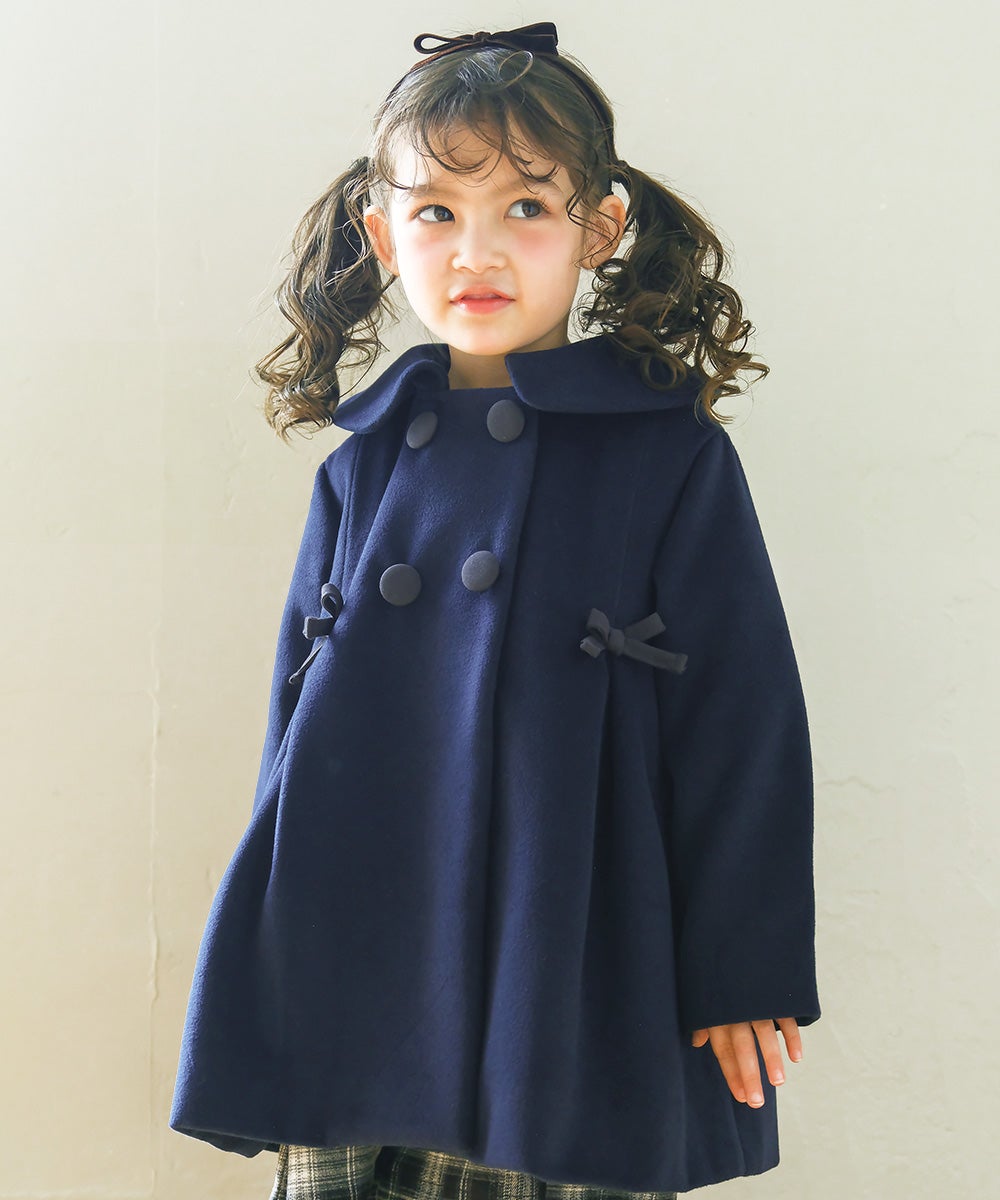 リボン 襟つき ダブルボタン 微起毛コート Navy model image up