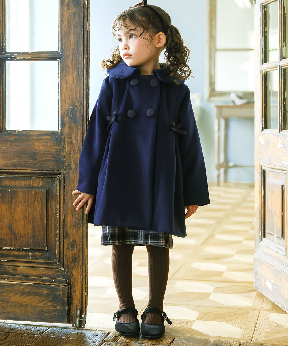 リボン 襟つき ダブルボタン 微起毛コート Navy model image whole body