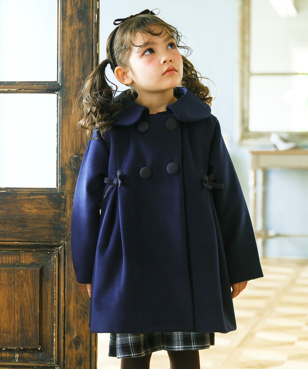 リボン 襟つき ダブルボタン 微起毛コート Navy model image 1
