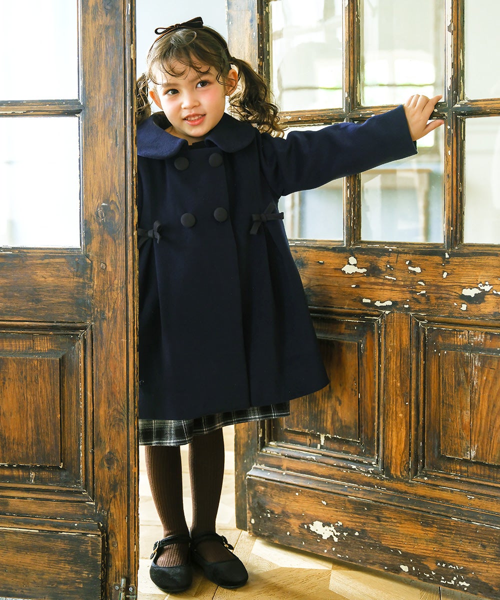 リボン 襟つき ダブルボタン 微起毛コート Navy model image 2