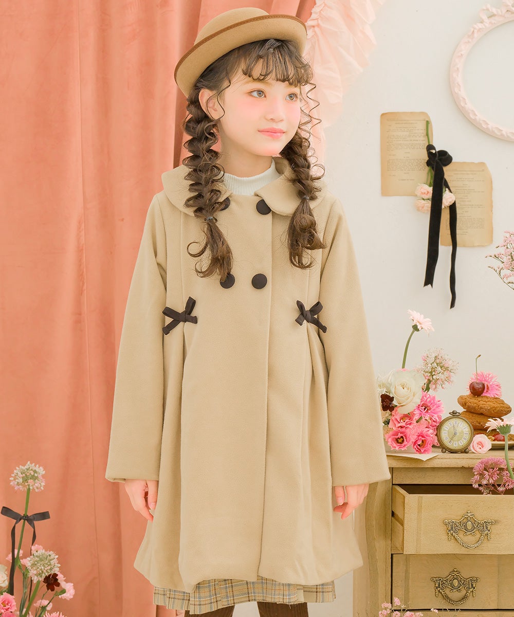 リボン 襟つき ダブルボタン 微起毛コート Beige model image up